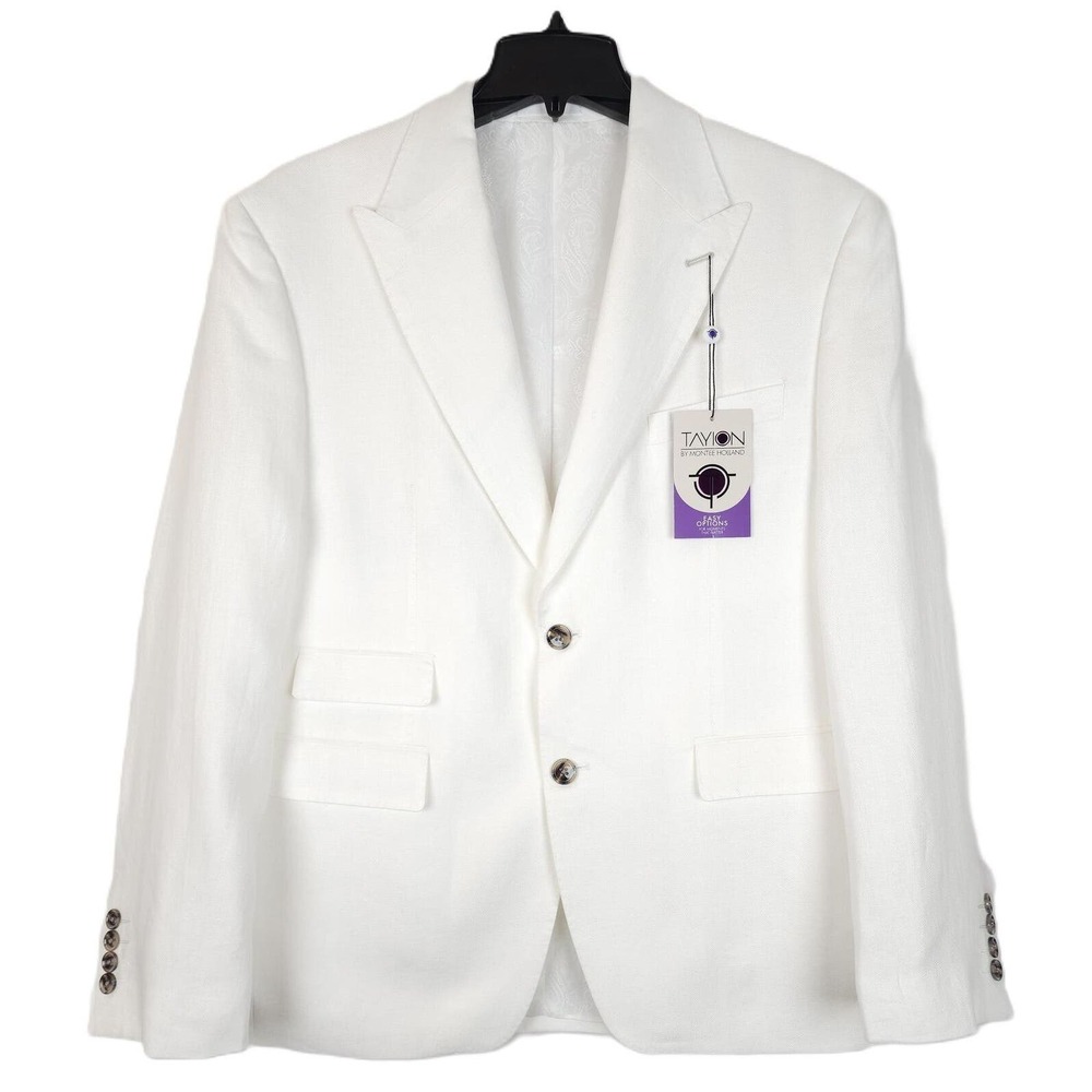 Tayion Collection Men's Classic-Fit Linen Suit Jacket White Herringbone 40S NWT